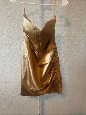 NWT Naked Wardrobe Gold Satin V-Neck Slip Dress with Ruched Side Size L
